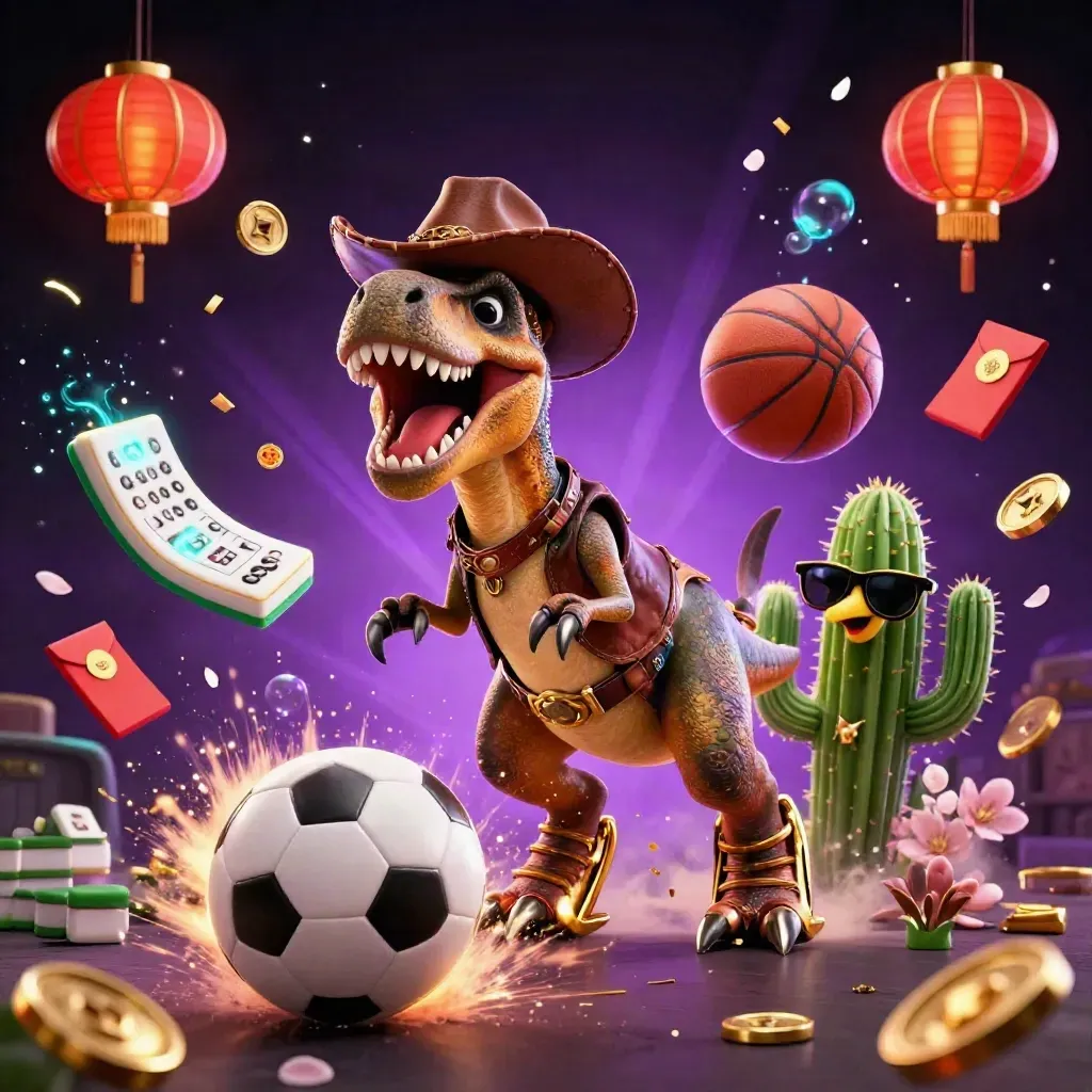Cowboy T-Rex, cactus and roadrunner in a casino-sport burst with ball, lanterns and gold glow.