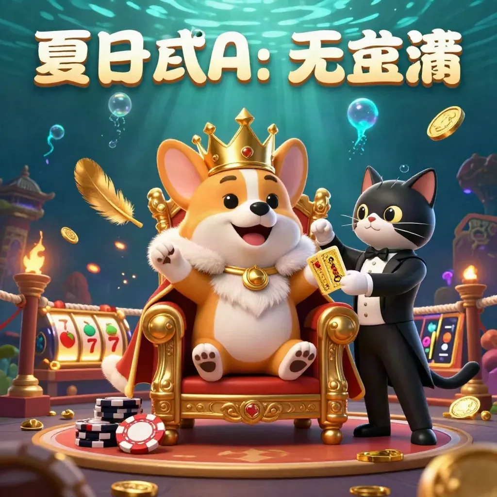Royal corgi king and cat butler amid gold, temple gate, reels, and underwater neon glow.