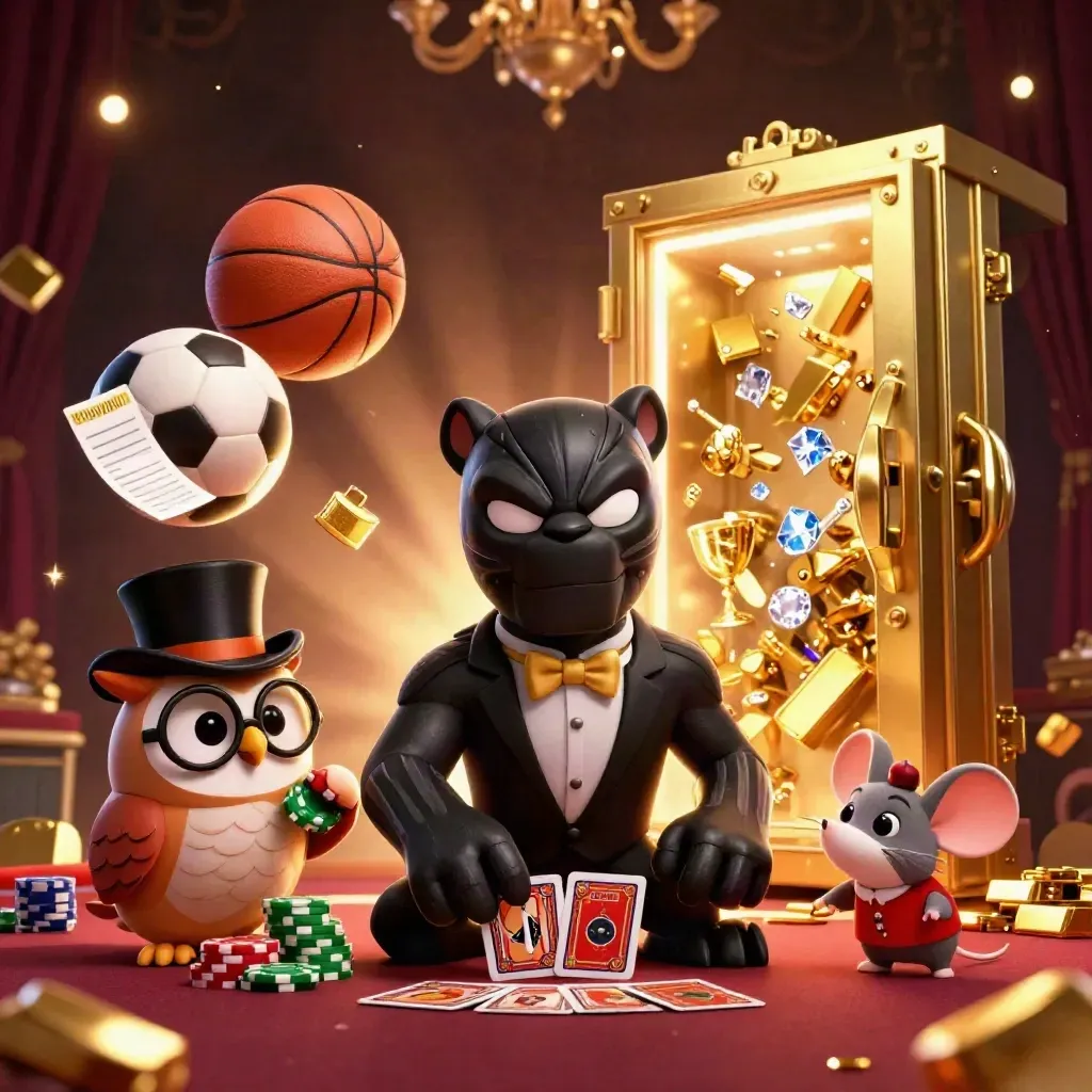 Panther, owl, and mouse amid casino gold, flying balls, and vault light