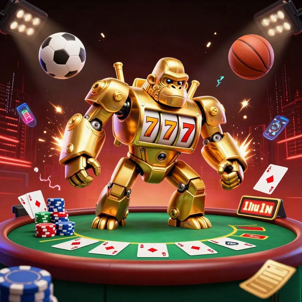 Golden gorilla mech with monkey pilot, sports balls and casino chips exploding in neon haze.