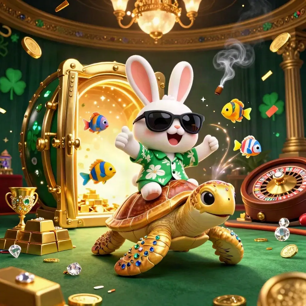 Rabbit on a golden turtle in a luxe casino room, with treasure, gems, and swirling magic.