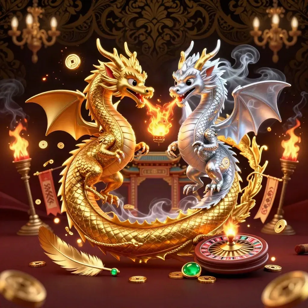 Gold and silver dragons spiral in fire and ice with a lantern spirit in a luxe casino-temple scene.