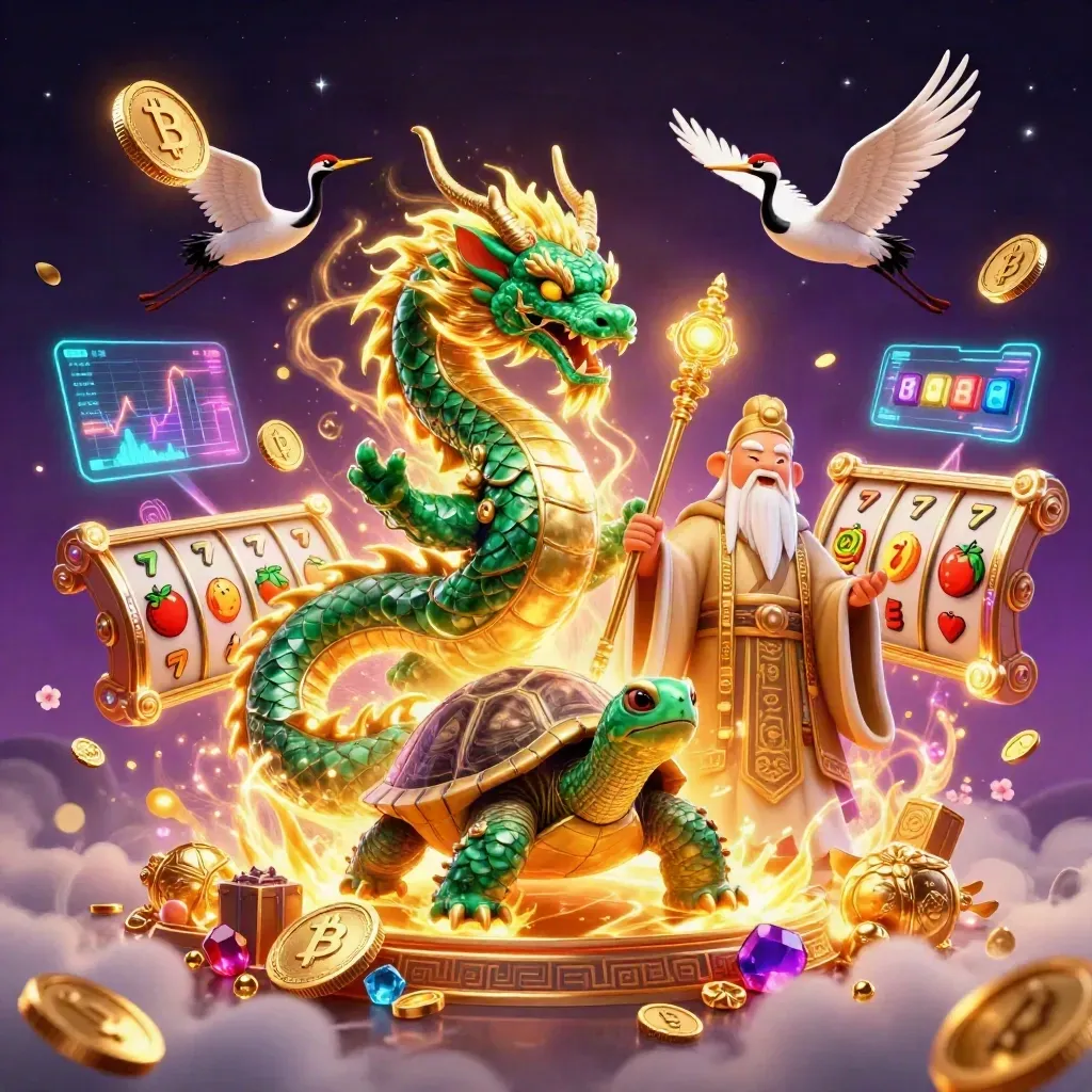 Emerald dragon, turtle sage and cranes amid casino treasure, neon coins and magical purple cosmos.