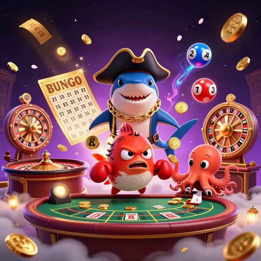 Pirate shark, boxing pufferfish, and coin-juggling octopus amid casino magic.