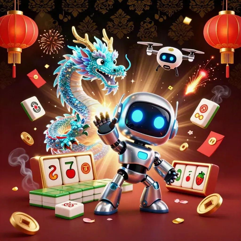 Cyberpunk robot, holographic dragon, and coin drone amid casino treasures and gold-lit petals.