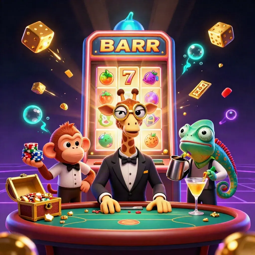 Giraffe, monkey valet, and chameleon bartender amid exploding slot jackpot treasure in neon gold
