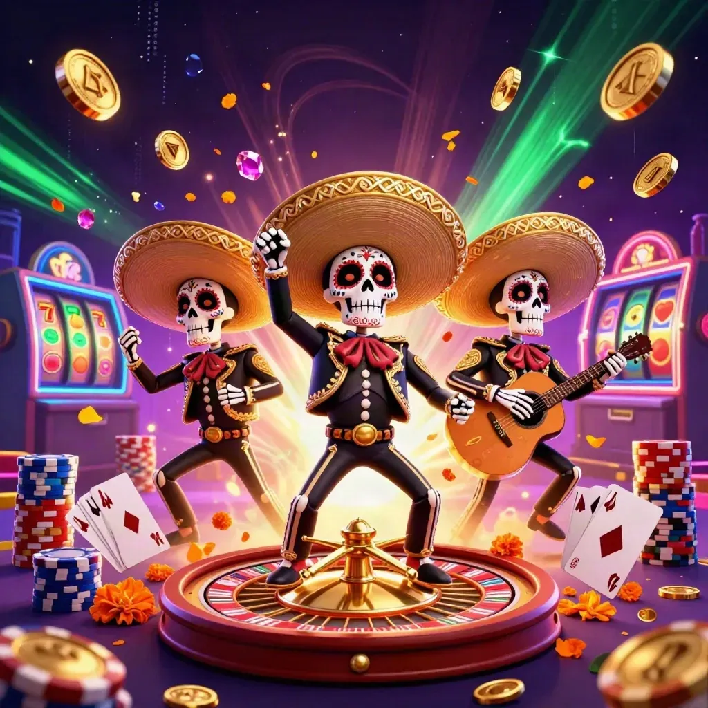 Day-of-the-Dead mariachi skeleton trio amid gold coins, neon energy, chips, cards and roulette wheel.