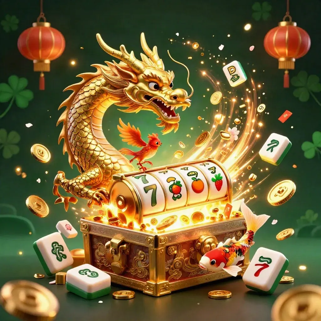 Golden dragon and phoenix with koi, coins, reels, lanterns and fireworks on a dark emerald casino backdrop.
