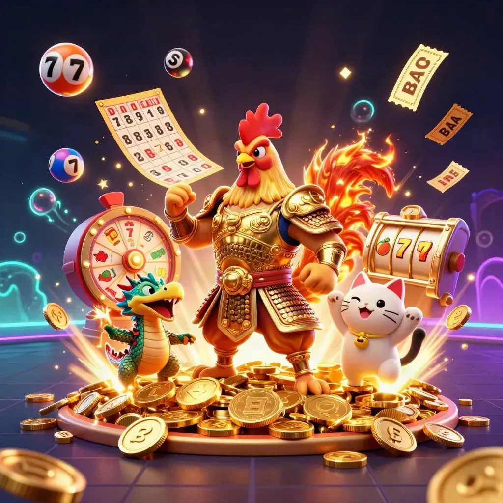 Rooster samurai, dragon hatchling, and fortune-cat amid coins, reels, and fireworks.