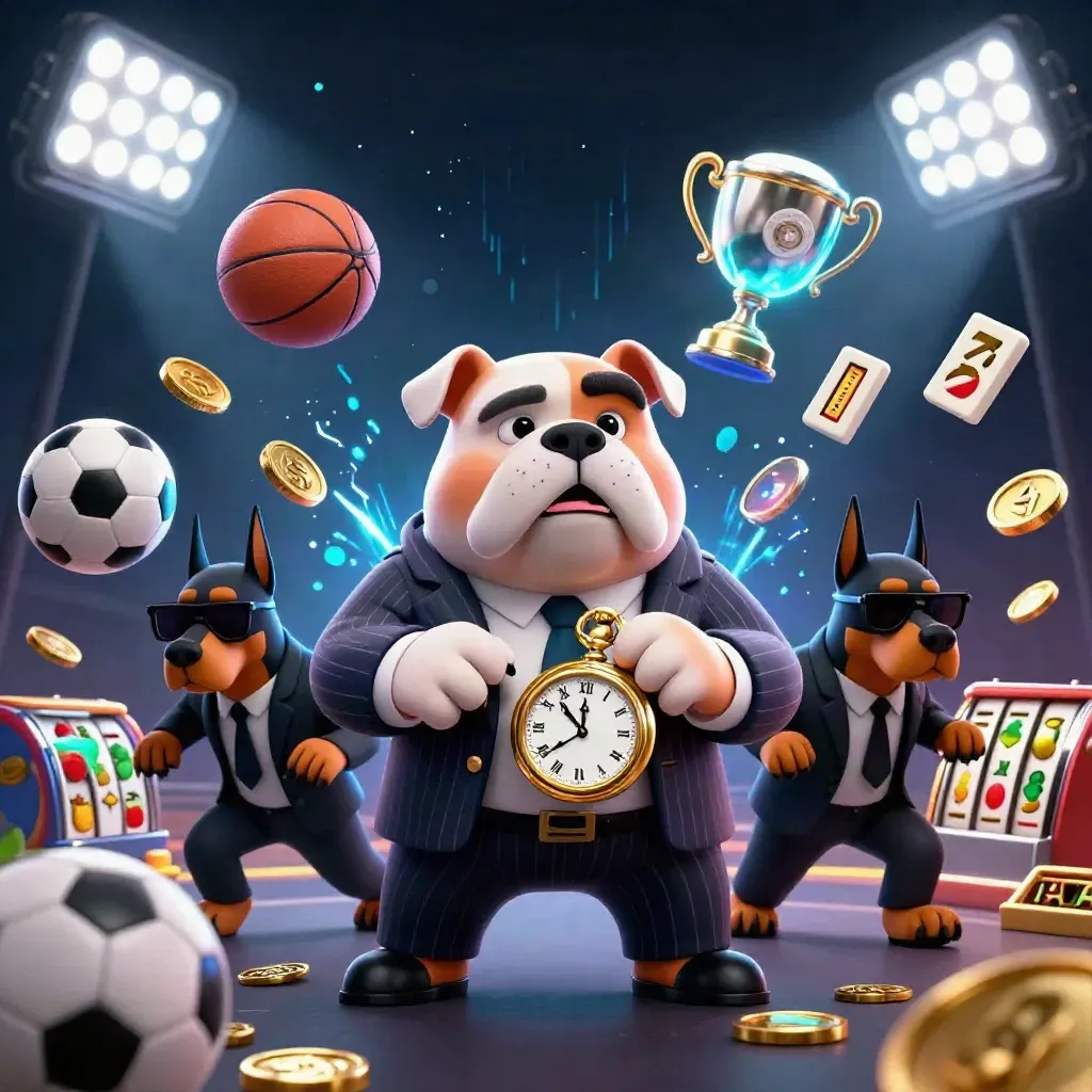 Bulldog boss and Doberman guards amid coins, slot reels, trophies and neon casino energy