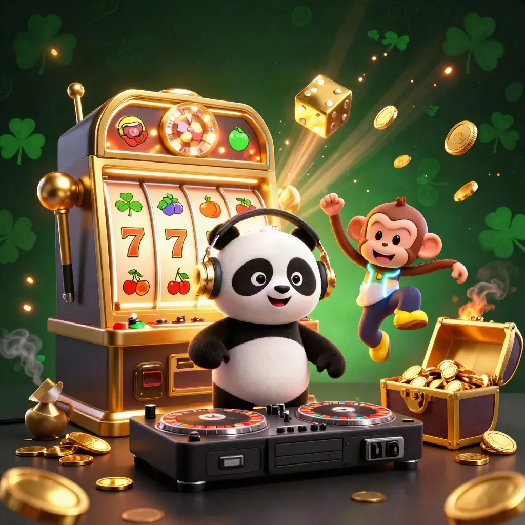 Panda DJ, monkey, and glow-stick kitten amid gold coins, slots, and fireworks.