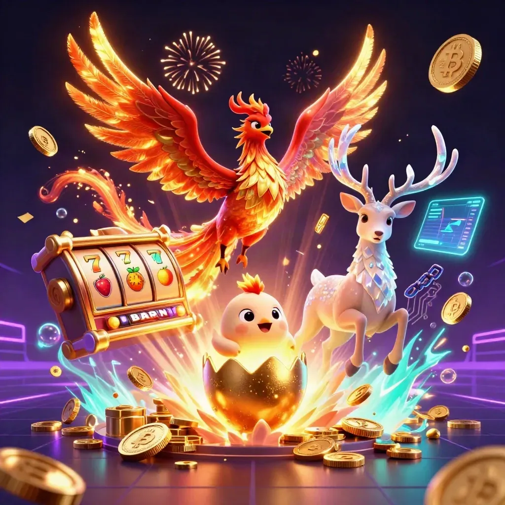 Fire phoenix, hatching baby phoenix, and crystal stag amid coins, vault bursts, and neon casino effects.
