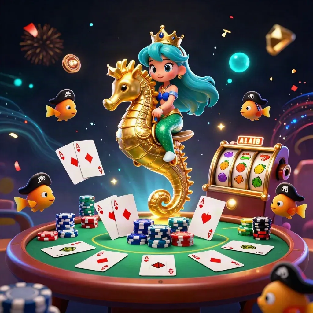 Mermaid princess on a gold seahorse with pirate fish and casino cards, chips, reels, sparkles