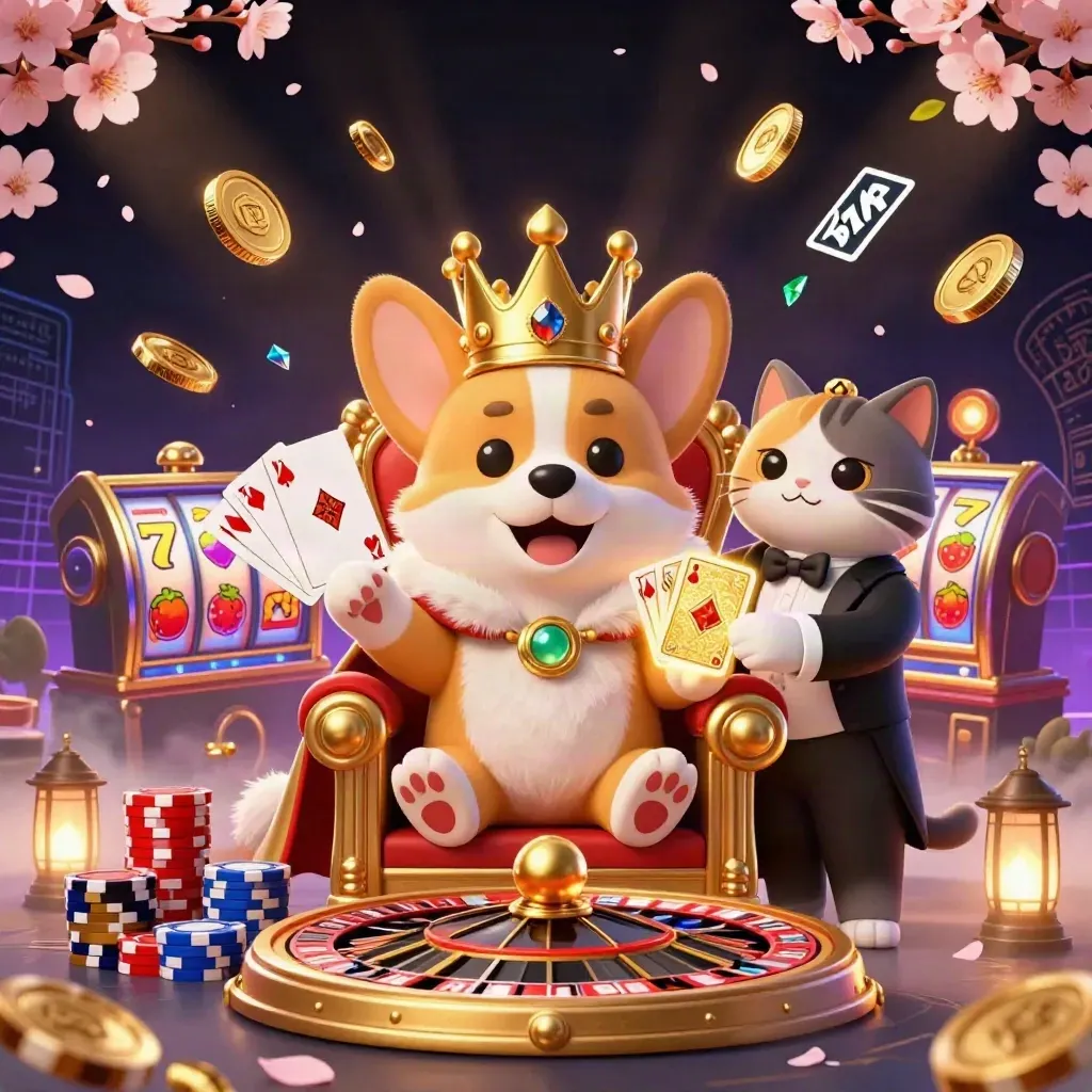 Crowned corgi and cat butler on poker-chip throne amid casino effects.