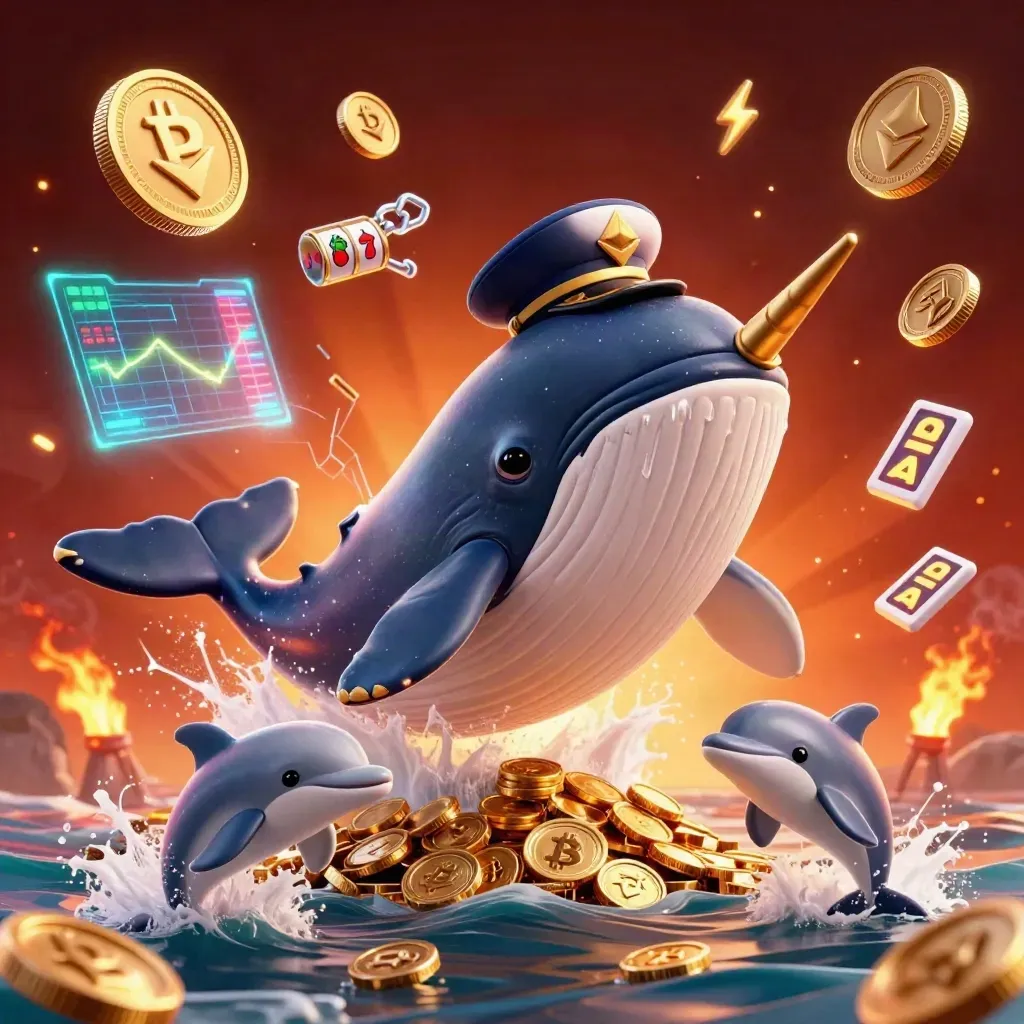 Captain whale, narwhal, and dolphins amid coins, reels, embers, and casino glow.