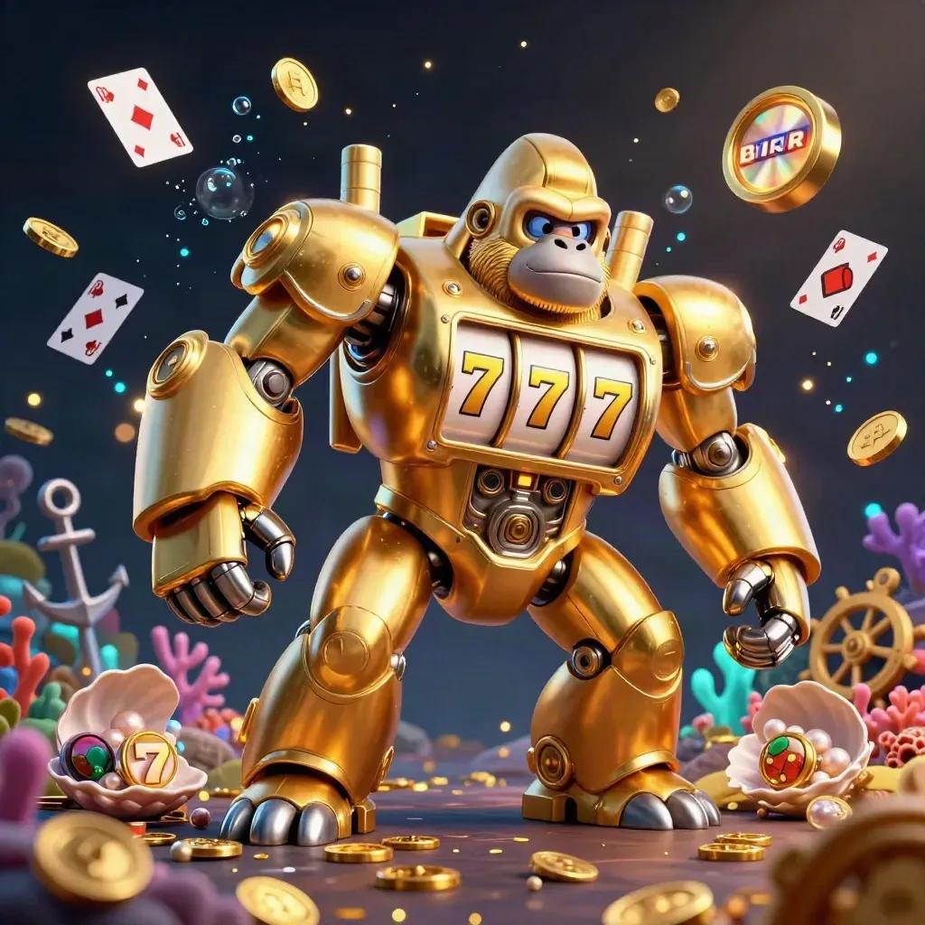 Golden gorilla mech with a tiny monkey pilot amid coins, coral, cards, and casino symbols in a neon cove.