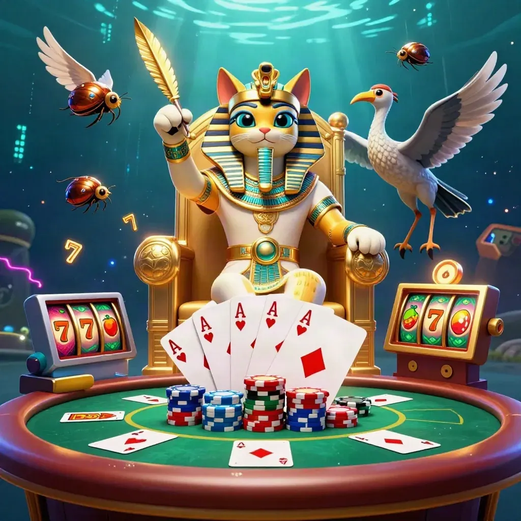 Pharaoh cat, ibis scribe and gem scarabs over casino cards and glowing reels.