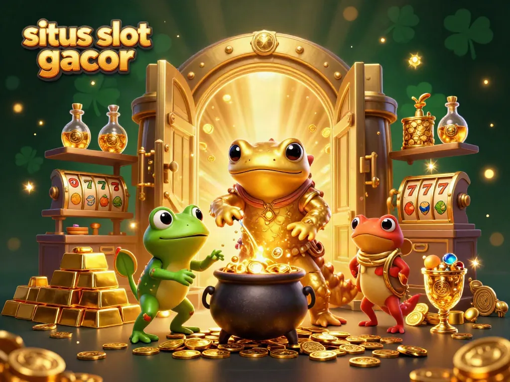 Spin to win big at situs slot gacor with enchanting golden creatures amidst a treasure-filled scene.