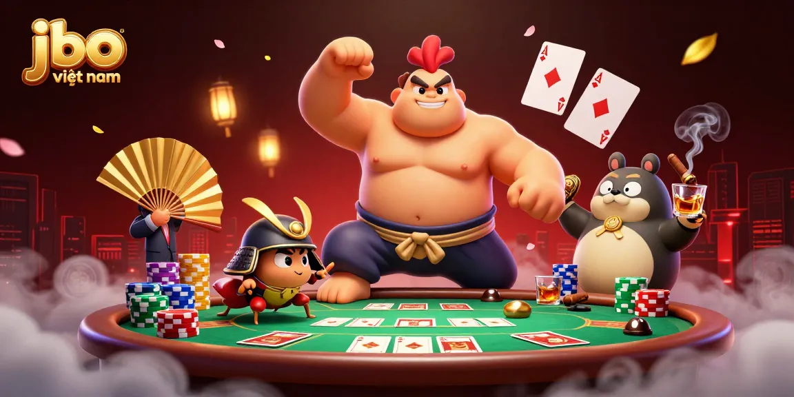 Experience vibrant energy as jbo việt nam's sumo rooster and samurai cricket unite in a thrilling poker scene.