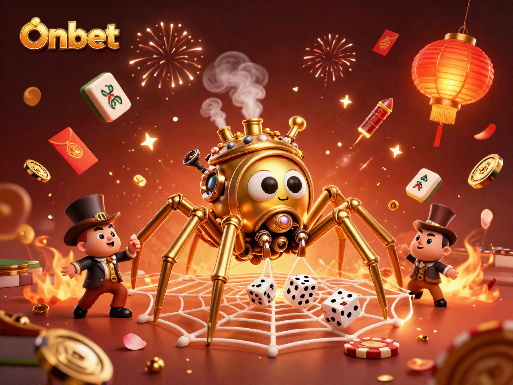 Onbet's 3D illustration showcases a steampunk spider in a dynamic casino web scene capturing dice, celebrating with vibrant decorations.