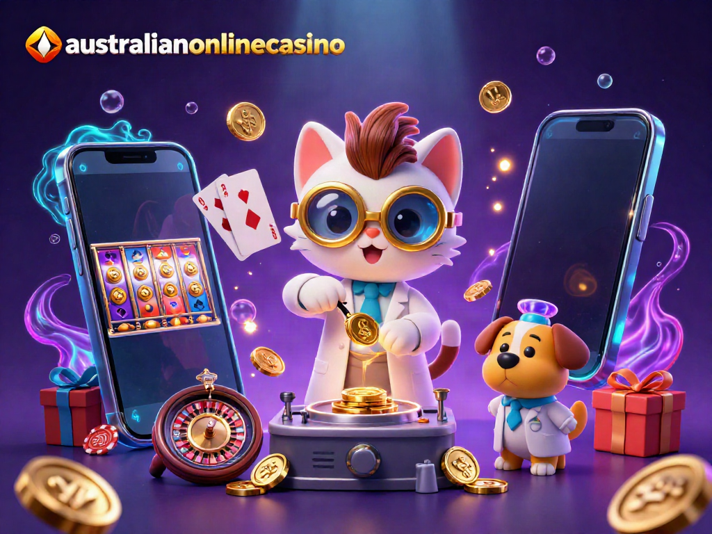 Engage in exciting gameplay at australianonlinecasino with a lively scene of a mad scientist cat and lab assistant dog amidst golden coins and dynamic casino elements.