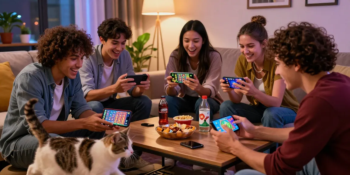 Play online exciting slots with friends in a vibrant, cozy living room.
