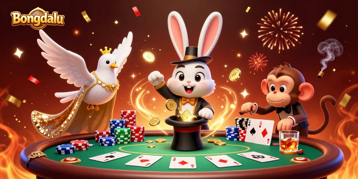 Bongdalu - A whimsical scene of a magician rabbit, a dove, and a monkey engaging in a lively poker game