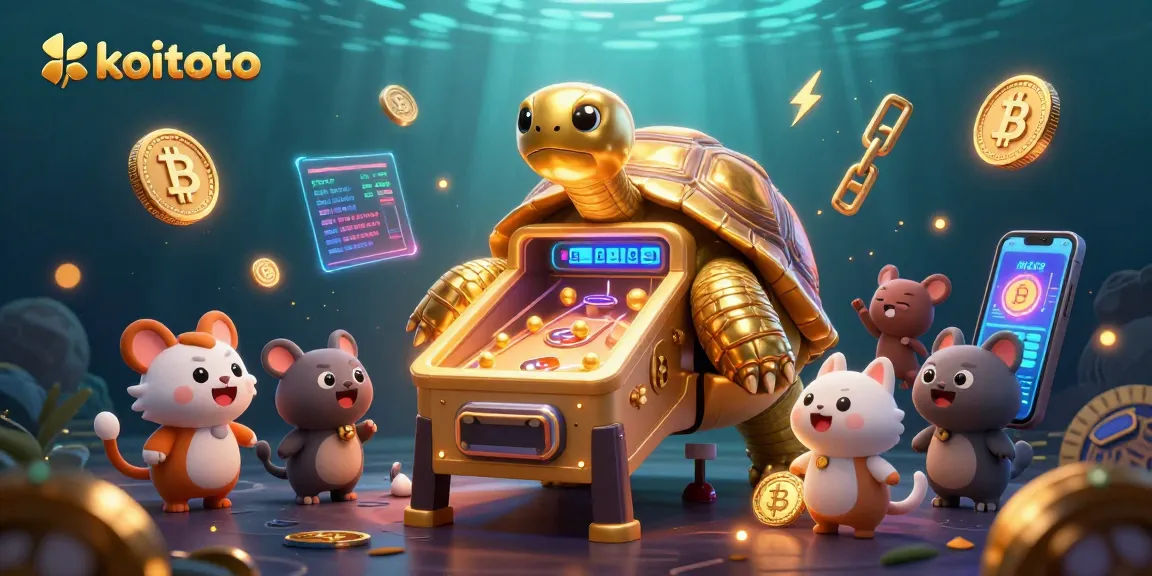 Koitoto offers a thrilling experience with a golden tortoise pinball machine surrounded by crypto coins.
