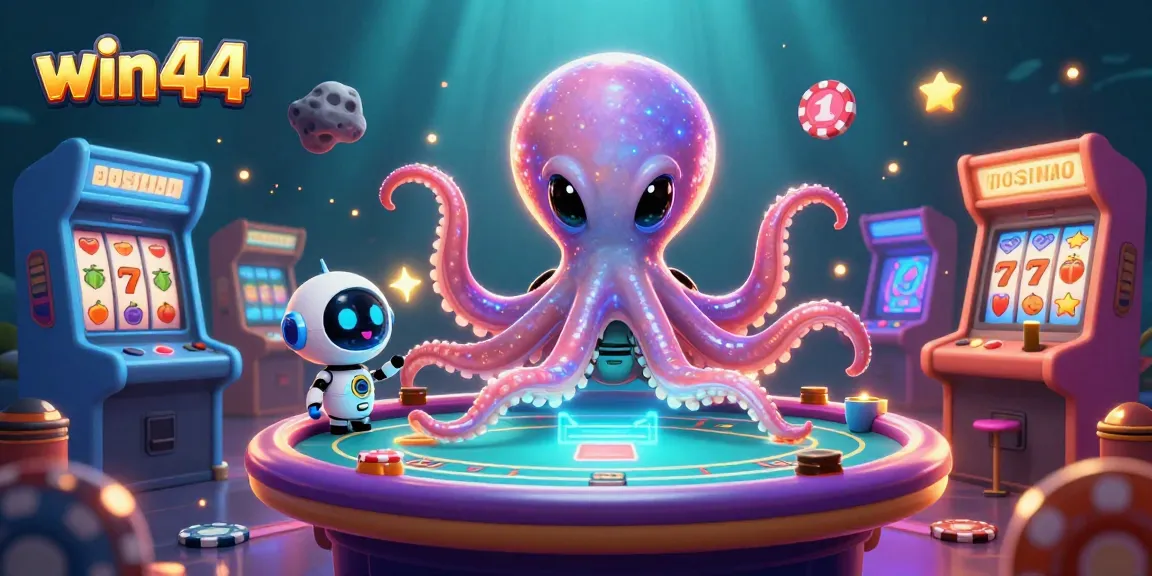 Engage in thrilling gaming at win44 with an alien octopus and robot at a casino table.