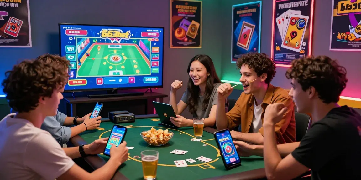 Friends enjoying a gaming night with the 663bet game app on multiple devices, surrounded by snacks.