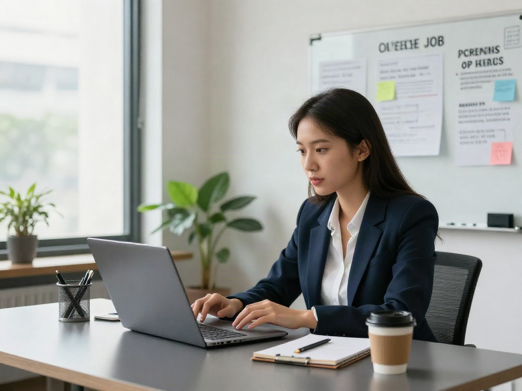 Job seeker engaging in a video interview for หางาน opportunities in a modern office.