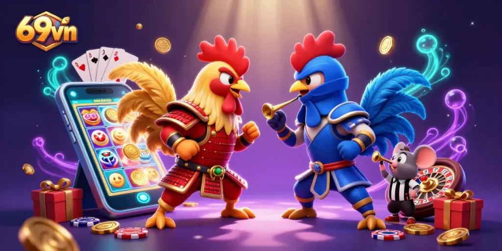 Engaging the action of 69vn's unique casino experience with a dramatic showdown between cartoon roosters.
