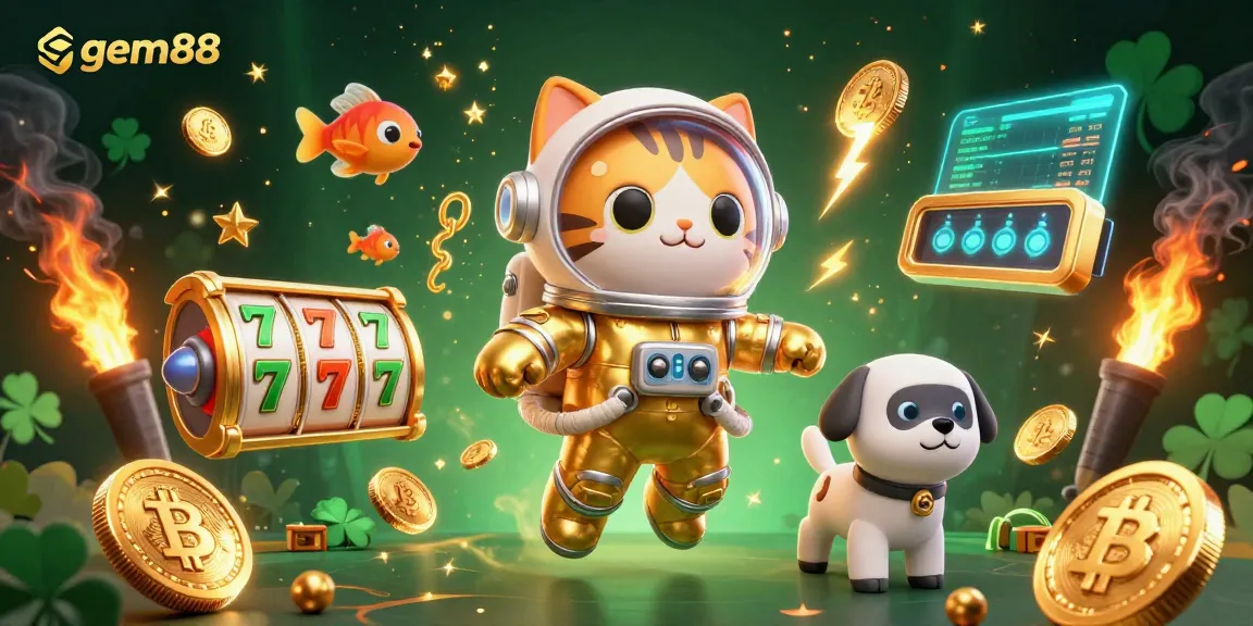 Experience thrilling gaming with gem88's vibrant 3D casino scene showcasing exciting slot symbols and cryptocurrency elements.