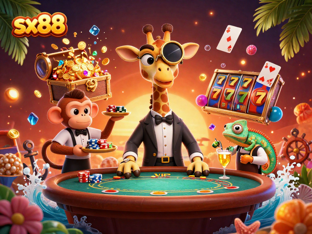 SX88 high-roller giraffe enjoying VIP poker with a vibrant casino atmosphere.