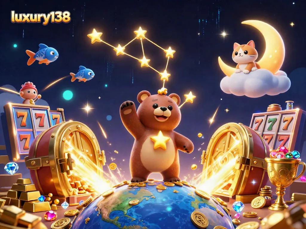 Play slots at luxury138 and enjoy a magical night sky filled with golden treasures and stars.