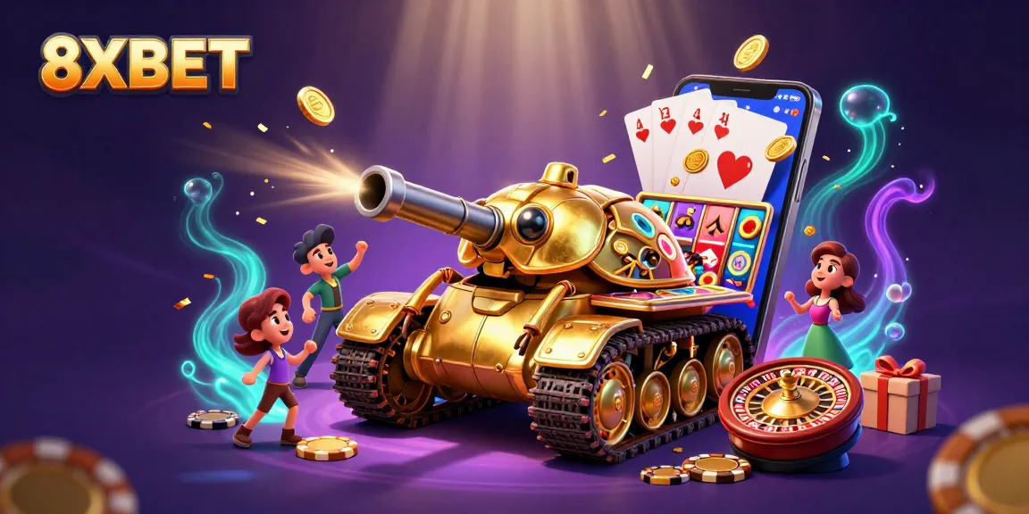 Experience the thrills of 8XBET with vibrant casino scenes from a miniature casino inside a golden tank!