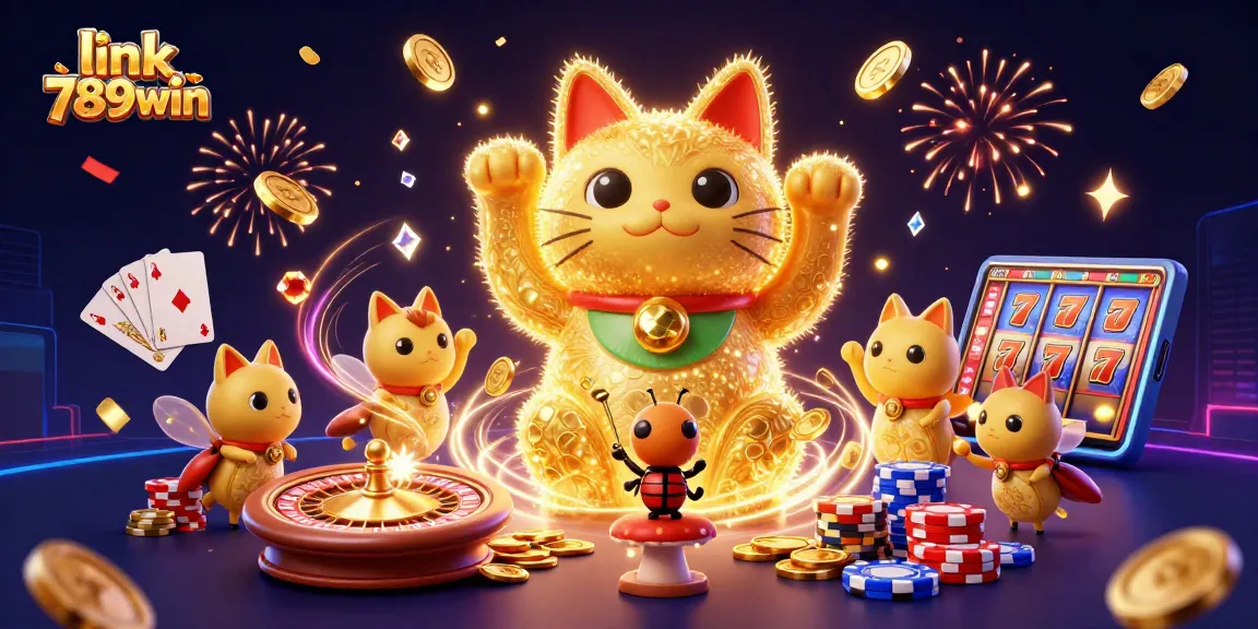 Experience the excitement of link 789win with a vibrant casino-themed illustration showcasing a lucky cat, spinning roulette, and more.