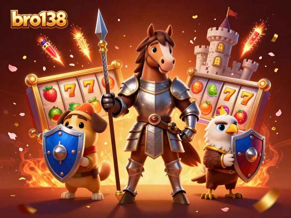 Engage in thrilling casino action with bro138 as the knight character excels in slot games amidst vibrant jackpot symbols.