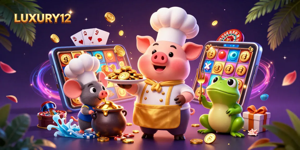 LUXURY12 showcases an energetic slot gaming scene with gold coins, chefs, and vibrant casino elements.