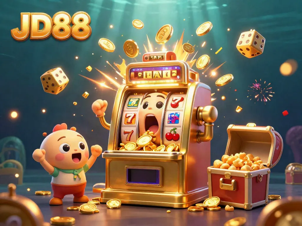 JD88 slot machine wins a jackpot surrounded by cheering machines and golden coins.
