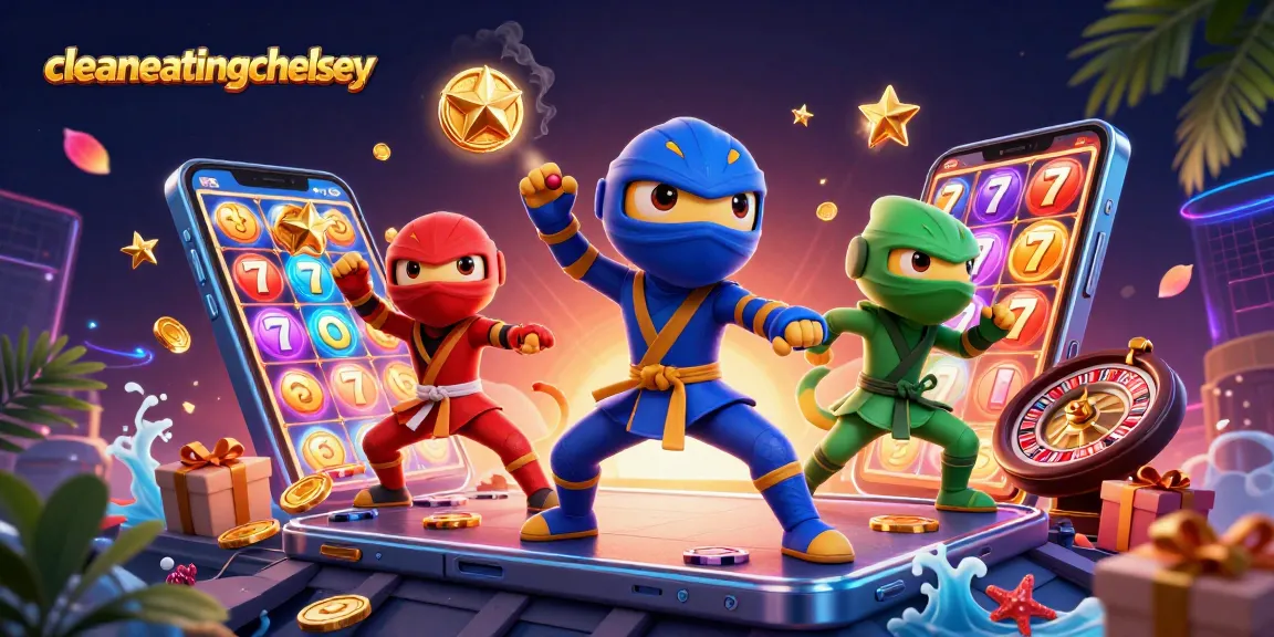cleaneatingchelsey presents a vibrant gaming scene with ninja chameleons amidst slot games and casino elements