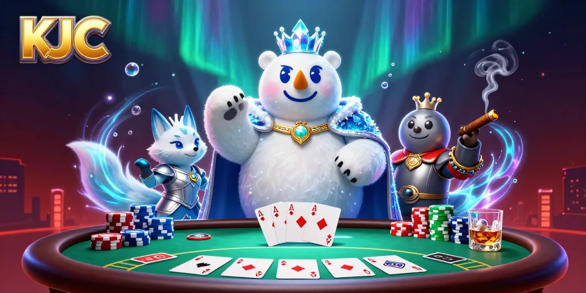 KJC showcases a dynamic poker scene with a polar bear and snow fox amidst vibrant casino elements.
