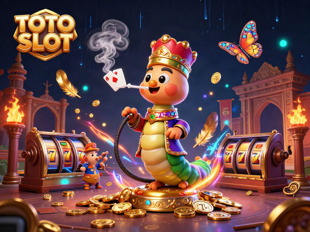 TOTO SLOT features a dynamic scene with a cheerful hookah-master surrounded by animated slot machines and lavish casino elements.