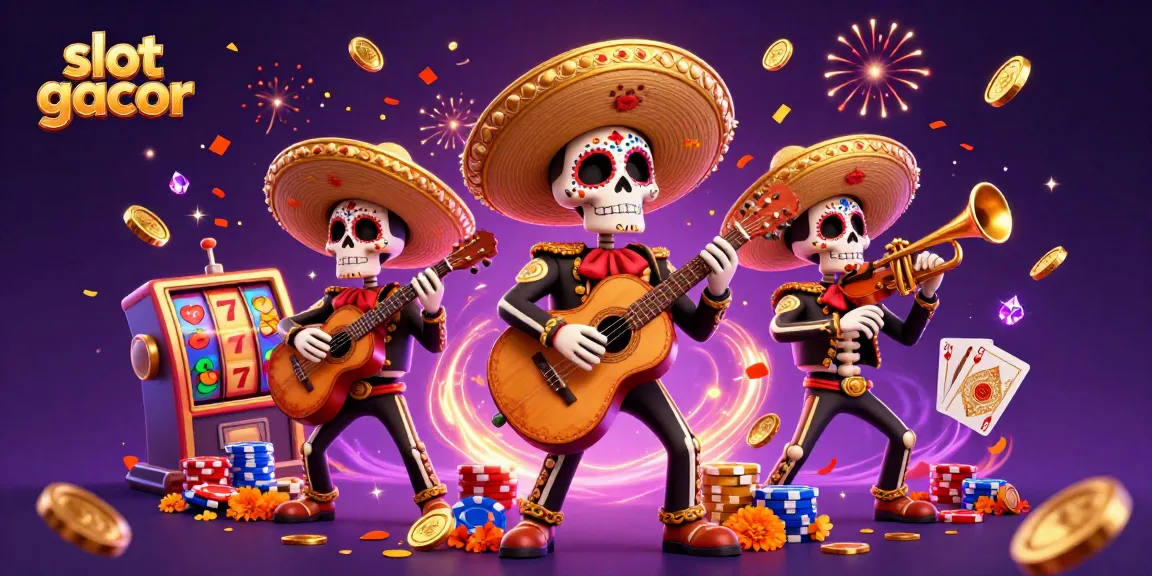 Experience thrilling slot gacor action with a colorful Dia de los Muertos mariachi band in a vibrant casino scene.