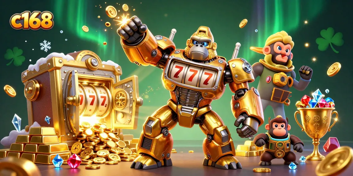 Experience thrilling wins with c168, featuring a golden mech and slot machine elements bursting with coins.