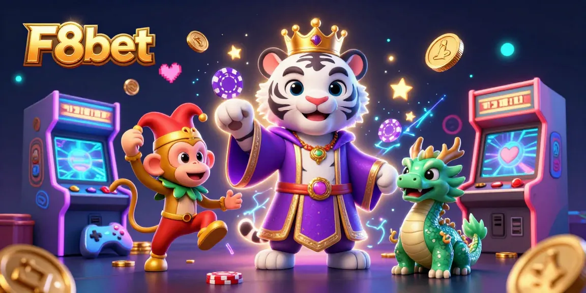 Engage in thrilling gameplay with F8bet featuring a majestic white tiger, golden monkey, and jade dragon in a vibrant casino atmosphere.