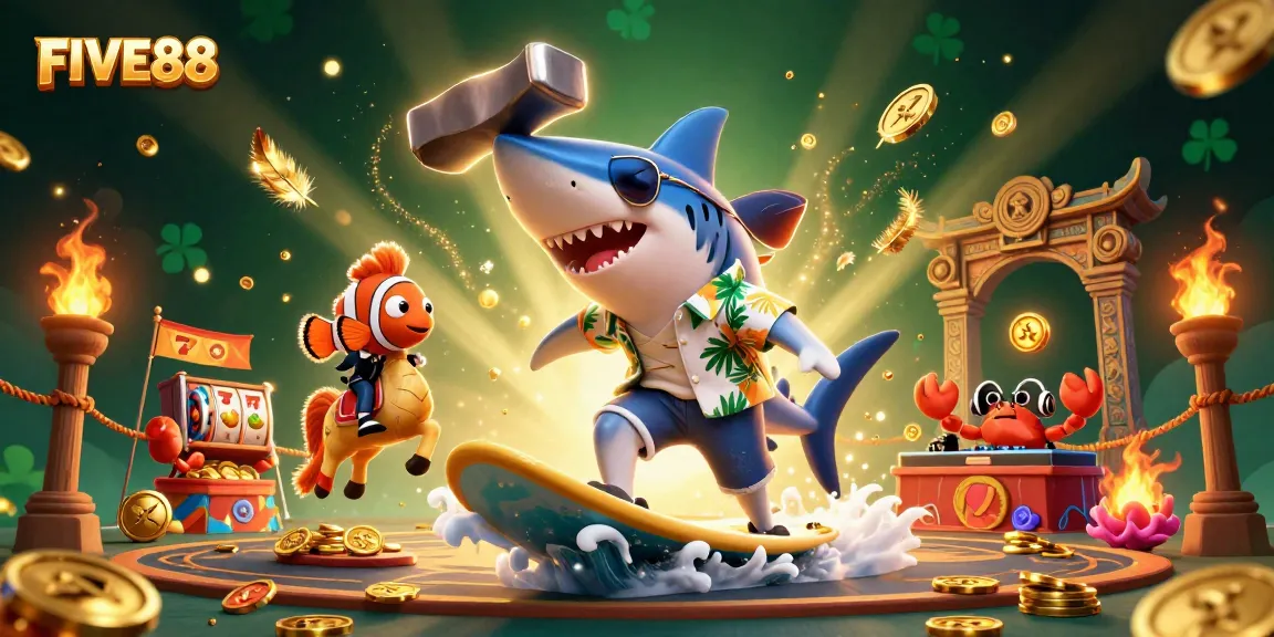 Experience FIVE88's vibrant 3D casino scene filled with gold coins, slot reels, and charming sea creatures.