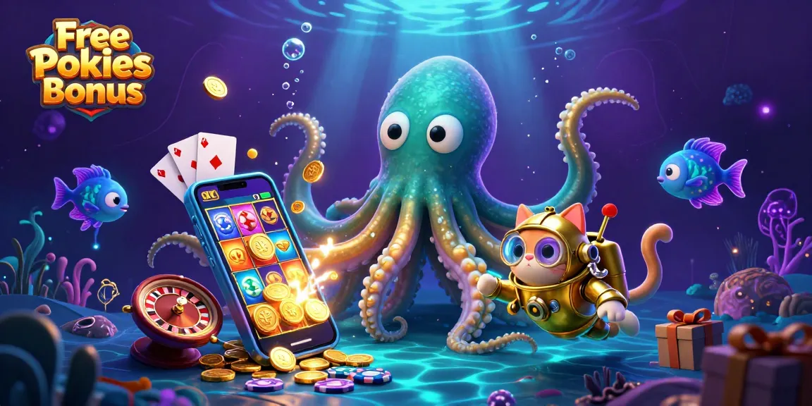 Experience the thrill of Free Pokies Bonus with a vibrant kraken and diving cat illustration.