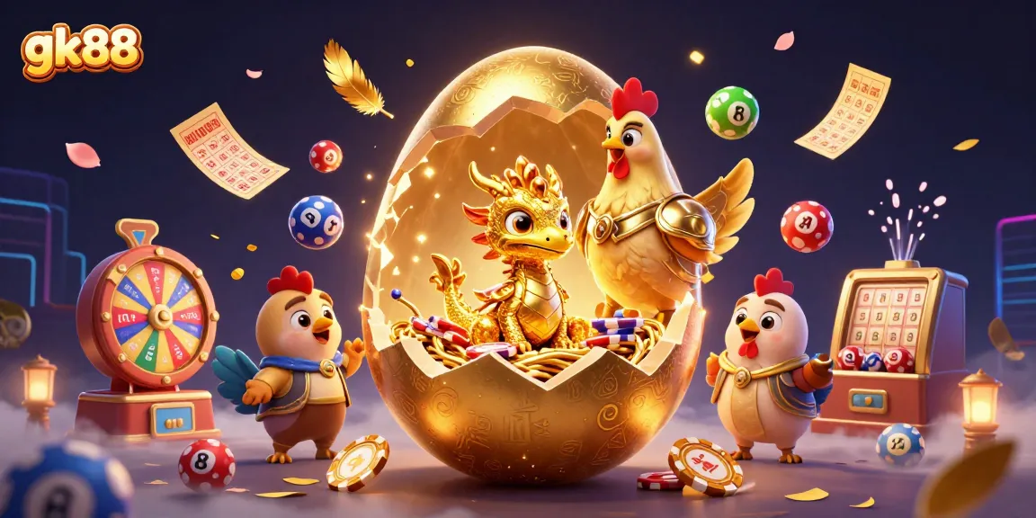 Engage with gk88's golden dragon treasure surrounded by vibrant lottery elements and casino symbols.