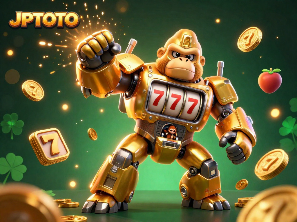 JPTOTO offers explosive gaming excitement with a transformer-style mech amidst vivid slot machine elements.